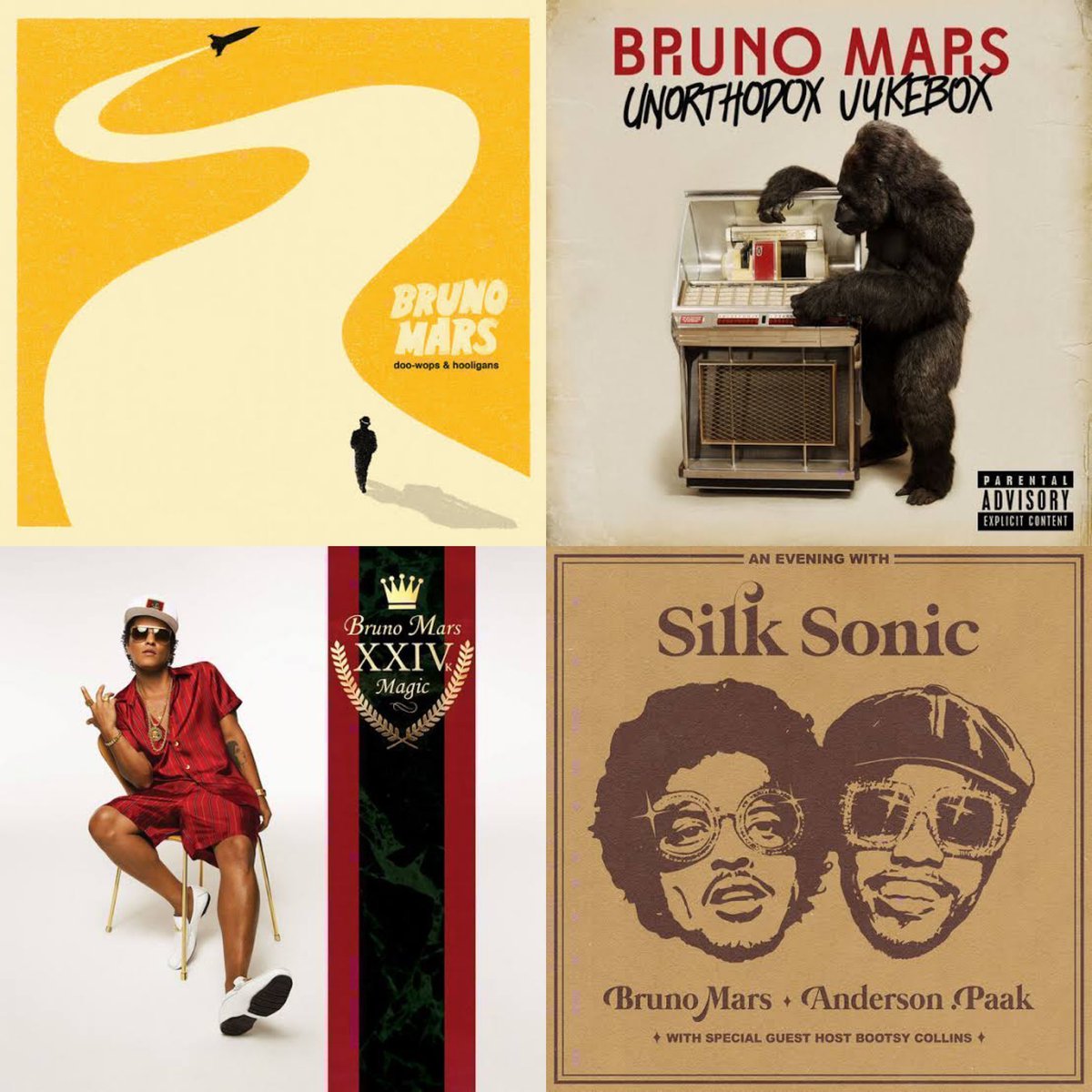 Desempenho dos álbuns do Bruno Mars no Spotify durante o mês de Abril de 2024: Doo-Wops & Hooligans: 8.006B (+166M) Unorthodox Jukebox: 5.860B (+107M) 24K Magic: 5.442B (+83M) An Evening With Silk Sonic: 2.642B (+42B)