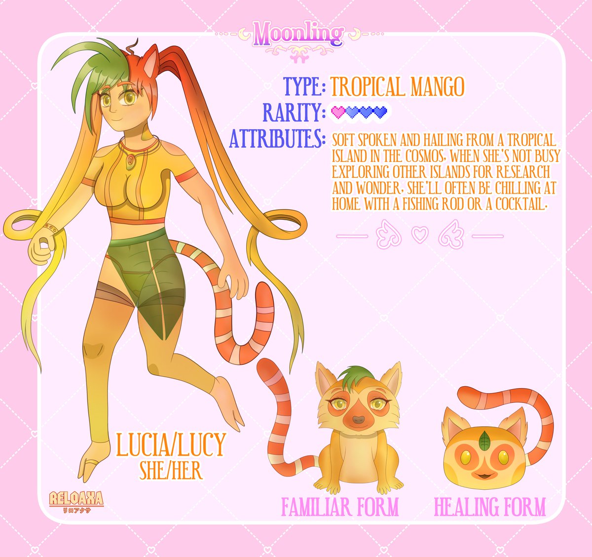 Say hewwo to my newest OC Lucia (or Lucy; she/her), a tropical mango-based moonling (species by the amazing @FIYUNAE created for community event hosted by her); I had a lot of fun making this cutie! 🥭🍸🌴❤️🧡💛💚