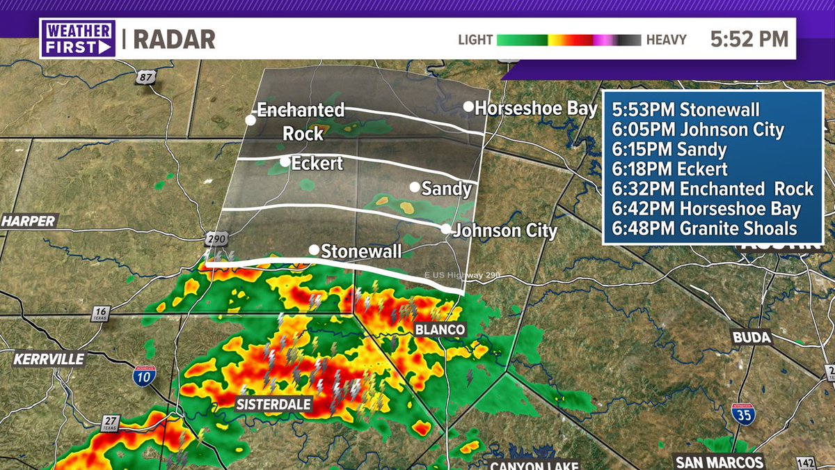 We're tracking a strong storm moving through southern Blanco and Gillespie counties, with the storm likely reaching Enchanted Rock by around 6:30. #ATXWx #TXWx