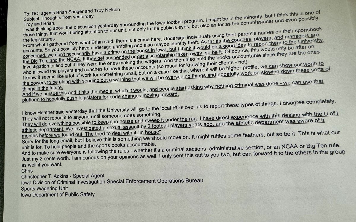 In the federal lawsuit filed on behalf of 26 former and current student-athletes mostly from Iowa and Iowa State against the Iowa DCI for allegedly violating constitutional rights by warrantless searches, here's an email from Christopher Adkins, Iowa DCI special agent to agents