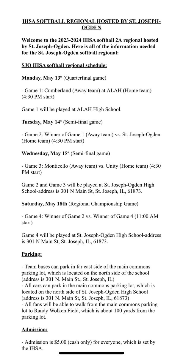 ⁦@SJOSoftball⁩ will host the IHSA 2A Softball Regional starting on Tuesday, May 14th. Please see the attached information. ⁦@Maroon_Platoon⁩ ⁦@Stjosephrecord⁩ ⁦@sjodaily⁩ ⁦@SJOSportsPage⁩ ⁦@WCIA3Bret⁩ ⁦@ngpreps⁩ ⁦@IlliniPrairie⁩
