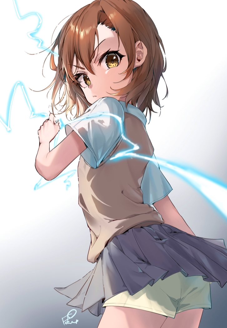 misaka mikoto 1girl solo looking at viewer short hair shirt skirt brown hair  illustration images