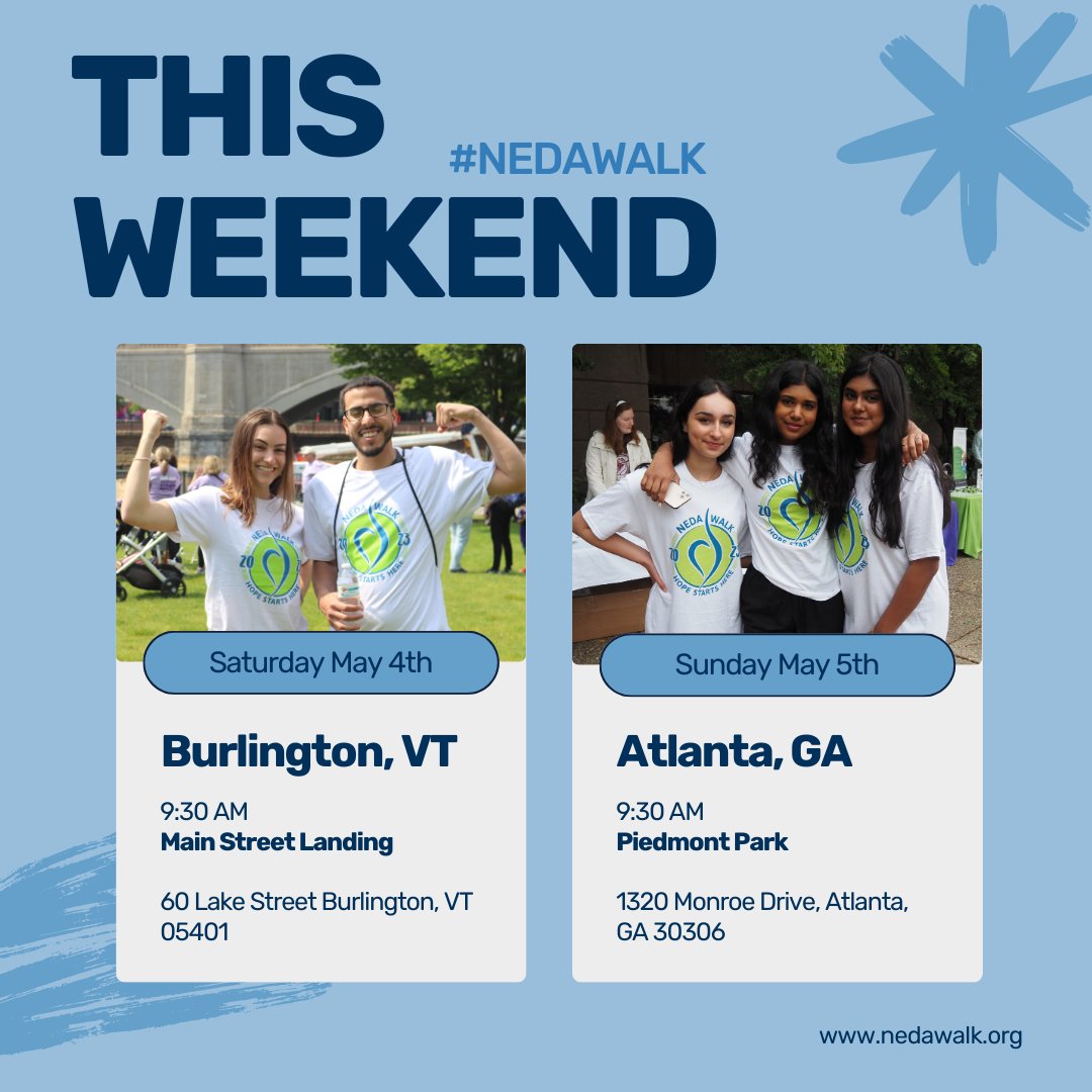 Mark your calendars! 🗓️ This weekend, NEDA Walk is hitting Burlington, Vermont and Atlanta, Georgia! 🎉 Gather your friends, and join us as we unite for change. Visit nedawalk.org to register or donate if you cannot attend 💚 #NEDAWalk #edawareness