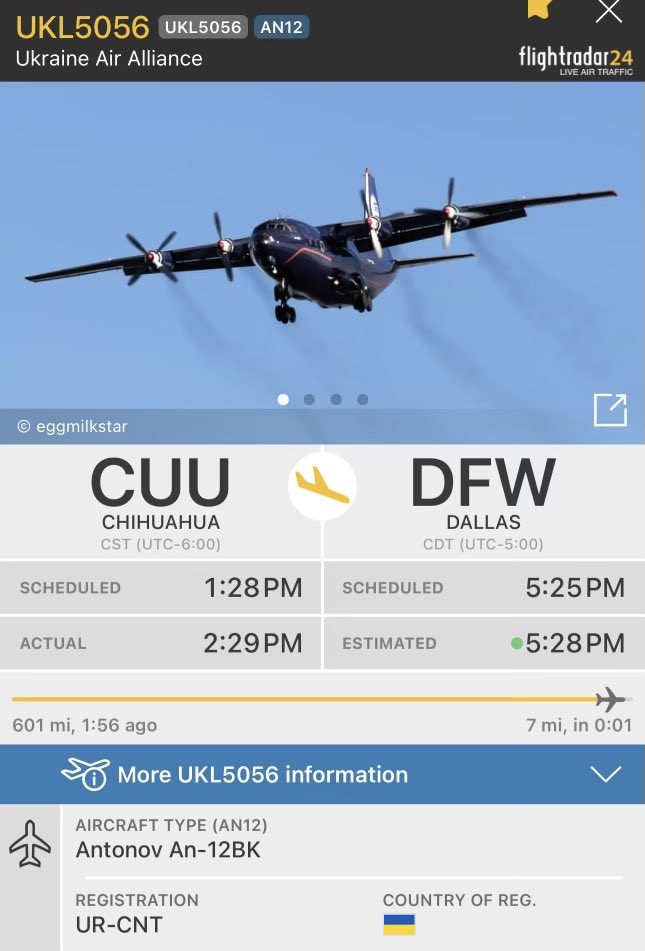 Serious question: why is a Ukrainian Military Style Cargo/Transport Airplane flying from a Mexican border area to Dallas, TX? Is the U.S. using Ukrainian aircraft for Migrant flights now?