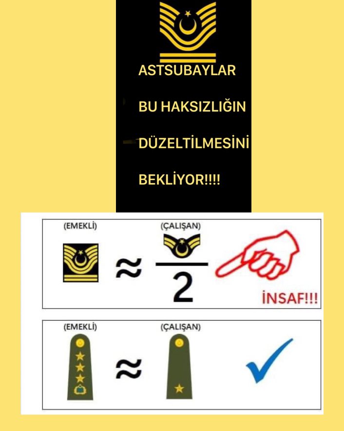 #AstsubayTabanHareketi

ASTSUBAYLARI BEKLEYEN GÜDÜK TEHLİKE...

NİSAN 2023'te KADÜK bırakılan ASTSUBAY tazminatlarını içeren MSB Kanun Teklifine konu TRAJİKOMİK 3500 gösterge rakamı, KABUL EDİLEMEZ❗

En az 15000-20000 aralığında REVİZE edilmeli❗

KADÜK TEKLİF GÜDÜK DOĞMAMALI❗