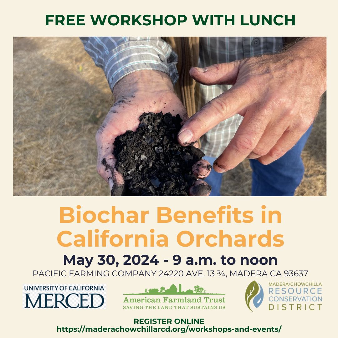 What's the dirt about #biochar? Can this soil amendment really improve #soilhealth? Don't miss this free workshop and lunch with @farmland @UCMerced and @CARCD_org in #Madera. #Californiaagriculture