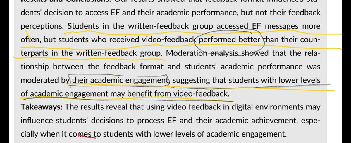The third study I'm aware of evidencing that students perform better after video feedback than written feedback. Aligns with my own qualitative results on the benefits from the student perspective. scholar.google.com/scholar_url?ur…