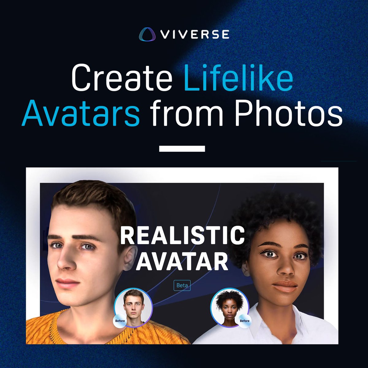 Transform a simple selfie into a lifelike avatar that mirrors your unique features: htcvive.co/VVLAX #VIVERSE #Avatar #AvatarCreator #PC #Mac #Mobile