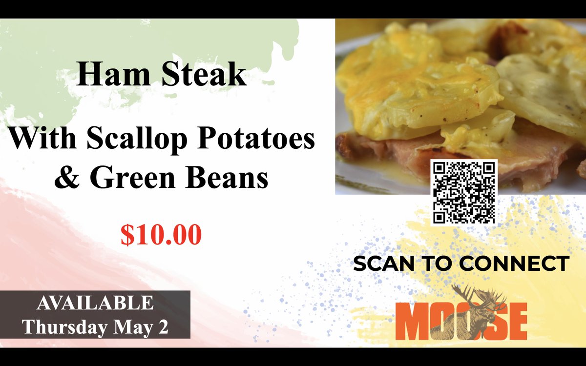🍽️🦌 Tomorrows Special at McSherrystown Moose Lodge #720! 🌱🍴
Indulge in a delicious ham steak served with creamy scallop potatoes and fresh green beans for just $10!  #MooseLodge #McSherrystownMoose #FoodSpecials #HamSteak #ScallopedPotatoes #GreenBeans 🍽️🦌