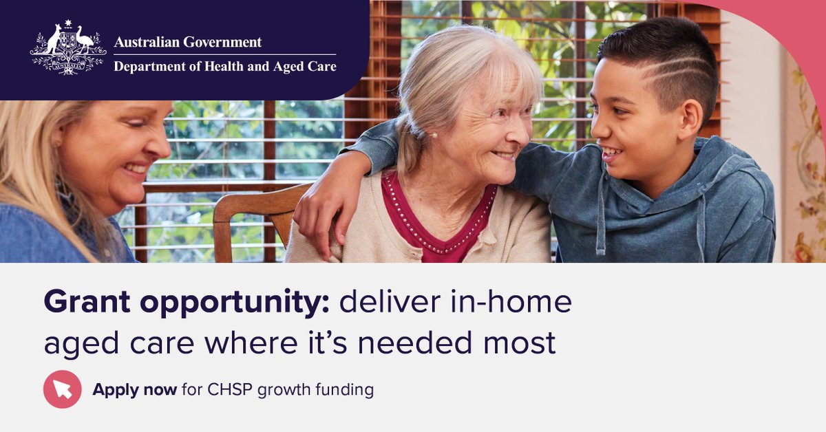 We’re expanding the Commonwealth Home Support Programme (CHSP) to deliver aged care where it’s needed most.

The CHSP Growth Funding 2024-25 grant is open for providers in aged care, disability & veteran care to apply by 31 May 2024.

Learn more at 💻 grants.gov.au/Go/Show?GoUuid…