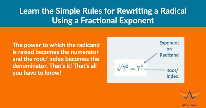 Learn the simple rules for rewriting a radical using a fractional exponent and watch your ACT Math score soar!

#actprep #satprep #testprep #act #tutoring #sat #collegeprep #collegeadmissions #acttest #mathtutor #sattest #tutor #acttestprep #students #college #tutors #ACTProTip