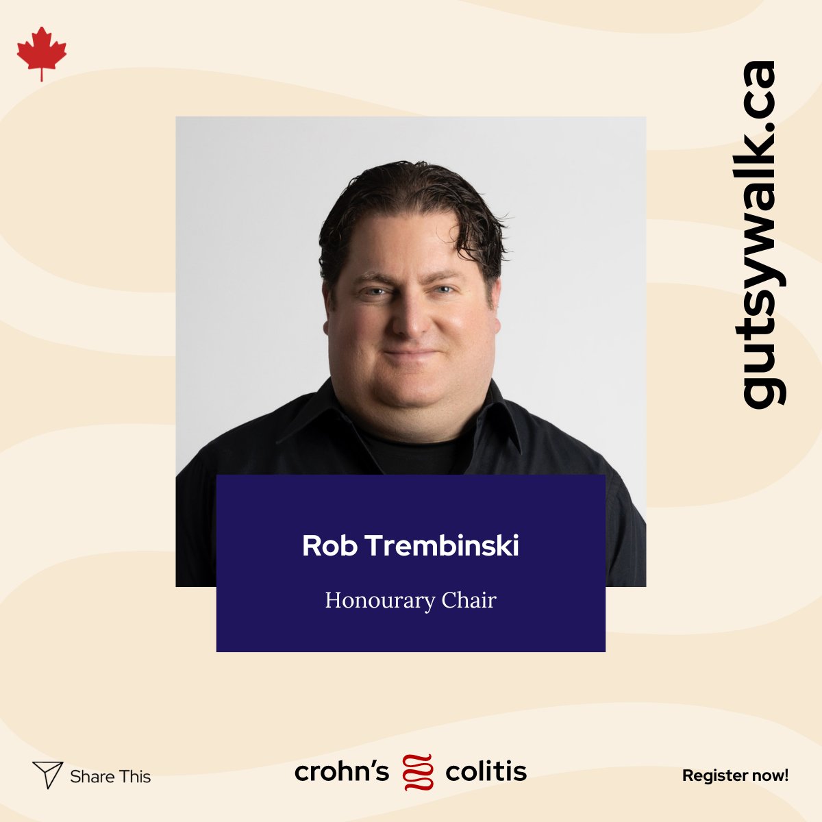 Rob, a #GutsyWalk Honourary Chair, was diagnosed with colitis when he was thirteen years old. His health is stable today, but he will never forget what it was like to live with the urgency to use the washroom. Read Rob’s full story: bit.ly/Honourarychairs