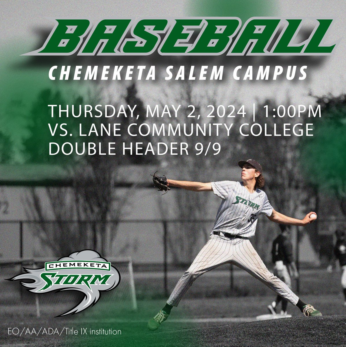 Tomorrow the Chemeketa Storm baseball team will play a doubleheader at HOME vs. Lane Community College! The games will start at 1 pm. #stormlife