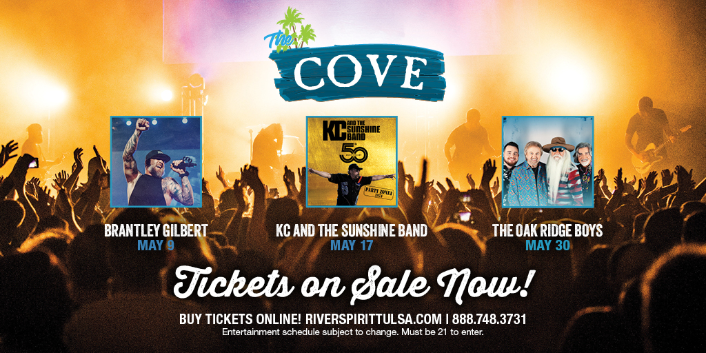 This month at The Cove... 
🤠 @brantleygilbert - May 9
☀️ @kcandsunshineb - May 17
🎤 @oakridgeboys - May 30
Tap here for tickets! 🔗 bit.ly/3Owp6WQ
.
.
.
#RiverSpiritCasinoResort #TulsaOklahoma #ThingstodoinTulsa #Tulsamusicscene #casino #concert