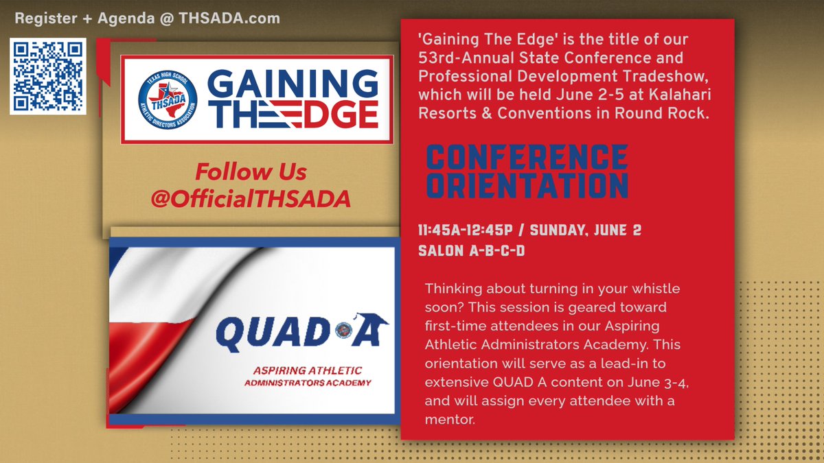 Excited to host another class of 100+ QUAD A attendees again this summer! Our QUAD A Co-Coordinators are a tandem of THSADA past presidents: David Kuykendall and Debbie Fuchs. Register for our conference here: bit.ly/4cXSCPd