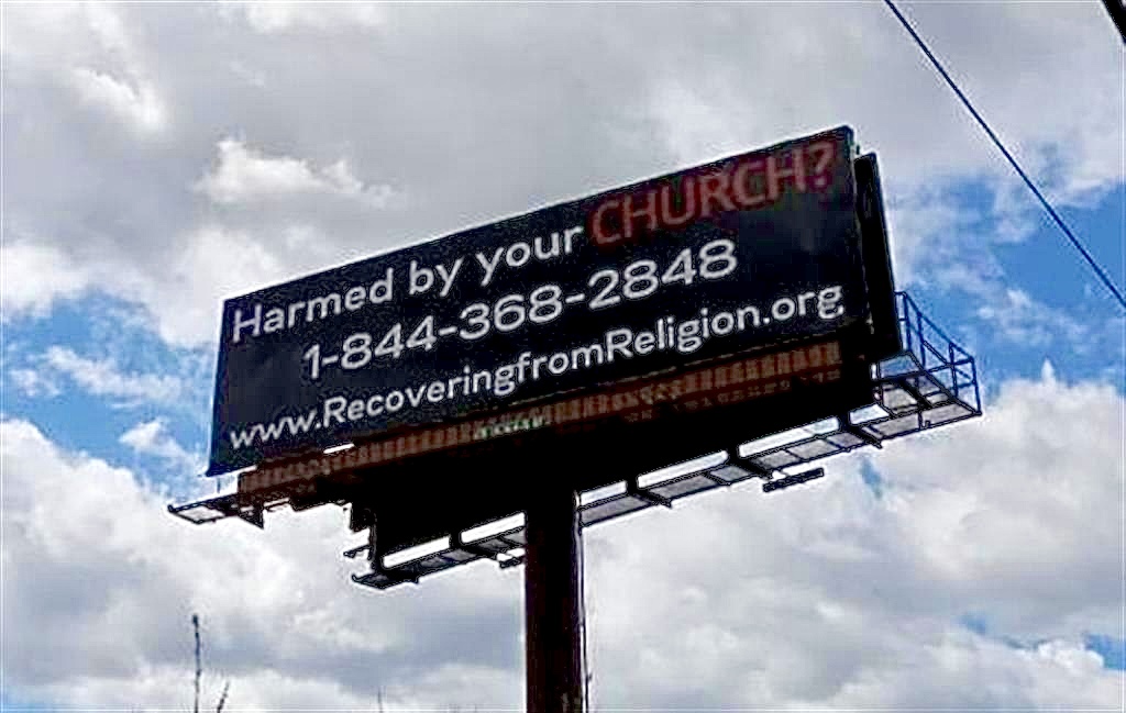 The atheist group Recovering From Religion (@RFRorg) has placed billboards outside Hammond, Indiana reaching out to people harmed by their churches. (The First Baptist Church of Hammond was prominently featured in the docuseries 'Let Us Prey.') recoveringfromreligion.org