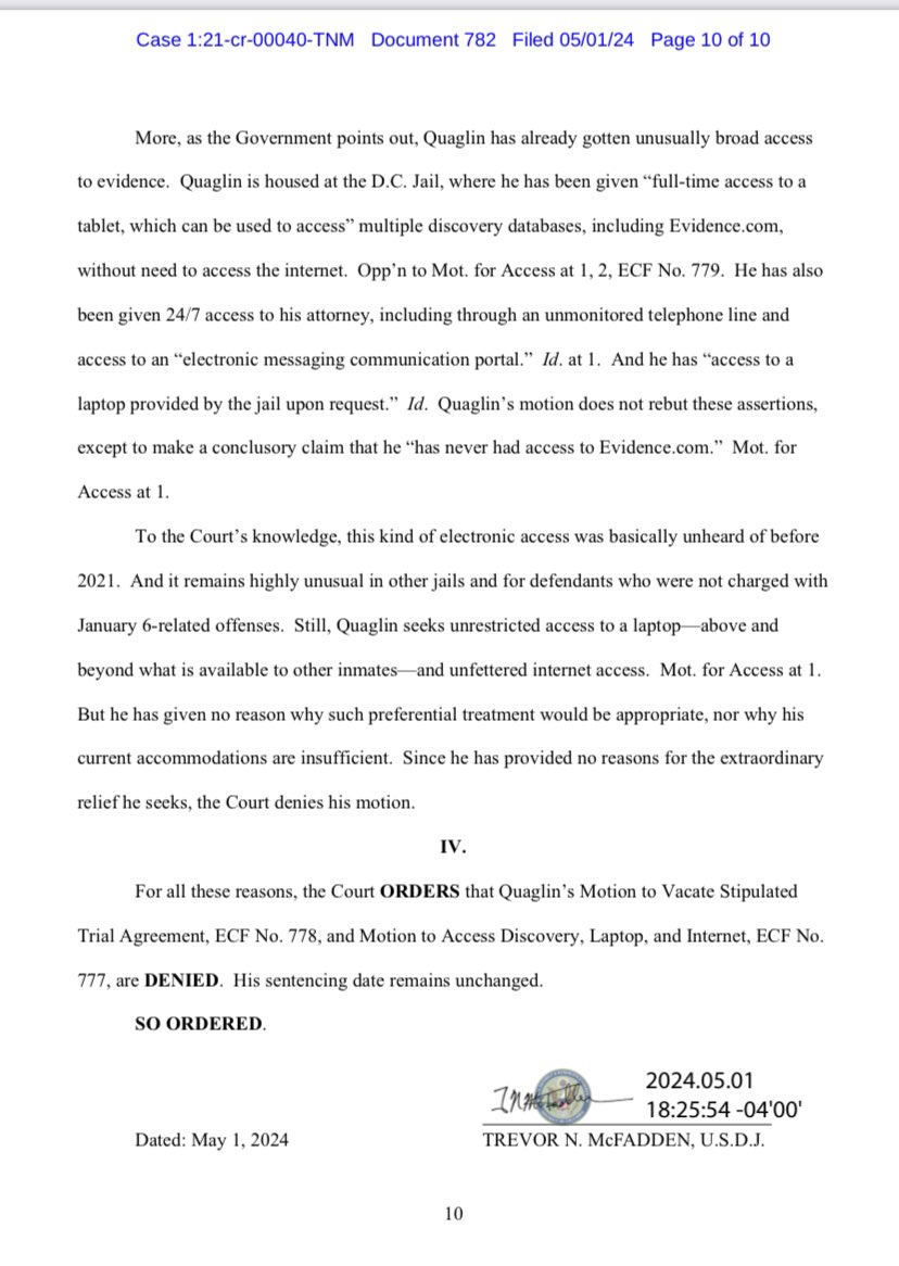 JUST IN: Judge McFadden denies Jan. 6 defendant Christopher QUAGLIN’s bid for a new trial — and emphasizes that Jan. 6 defendants in DC have gotten unusually generous access to evidence in their cases that other inmates never have.