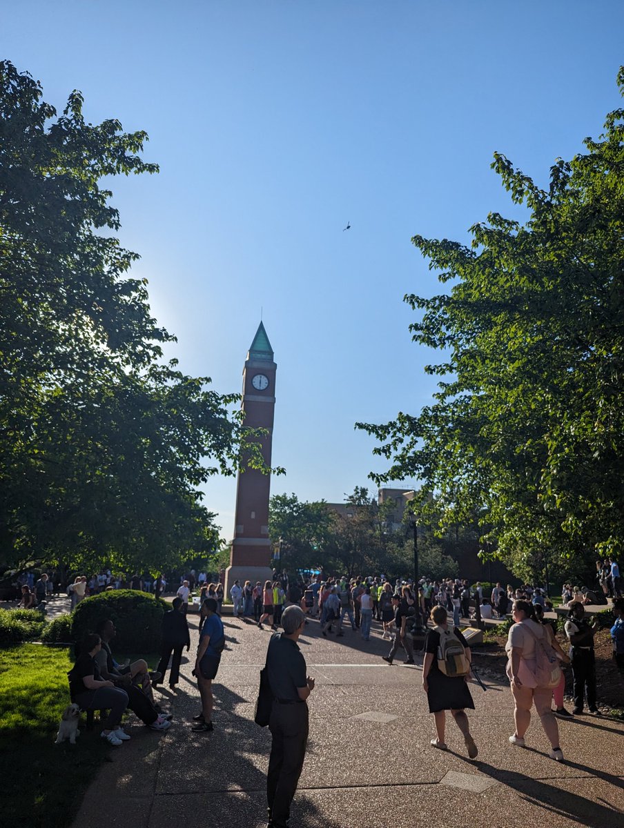 The Pro-Hamas Demonstration is underway at @SLU_Official's clocktower. There are a lot of people with full face coverings, a couple of defaced American flags, and a lot of media outlets. 

This is so embarrassing for SLU.