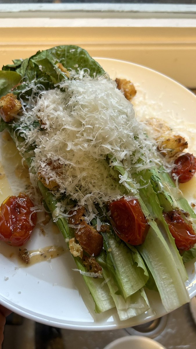 caesar salad with brioche croutons, tomato confit, caesar dressing and a pile of parmesan snow.🤌🏾