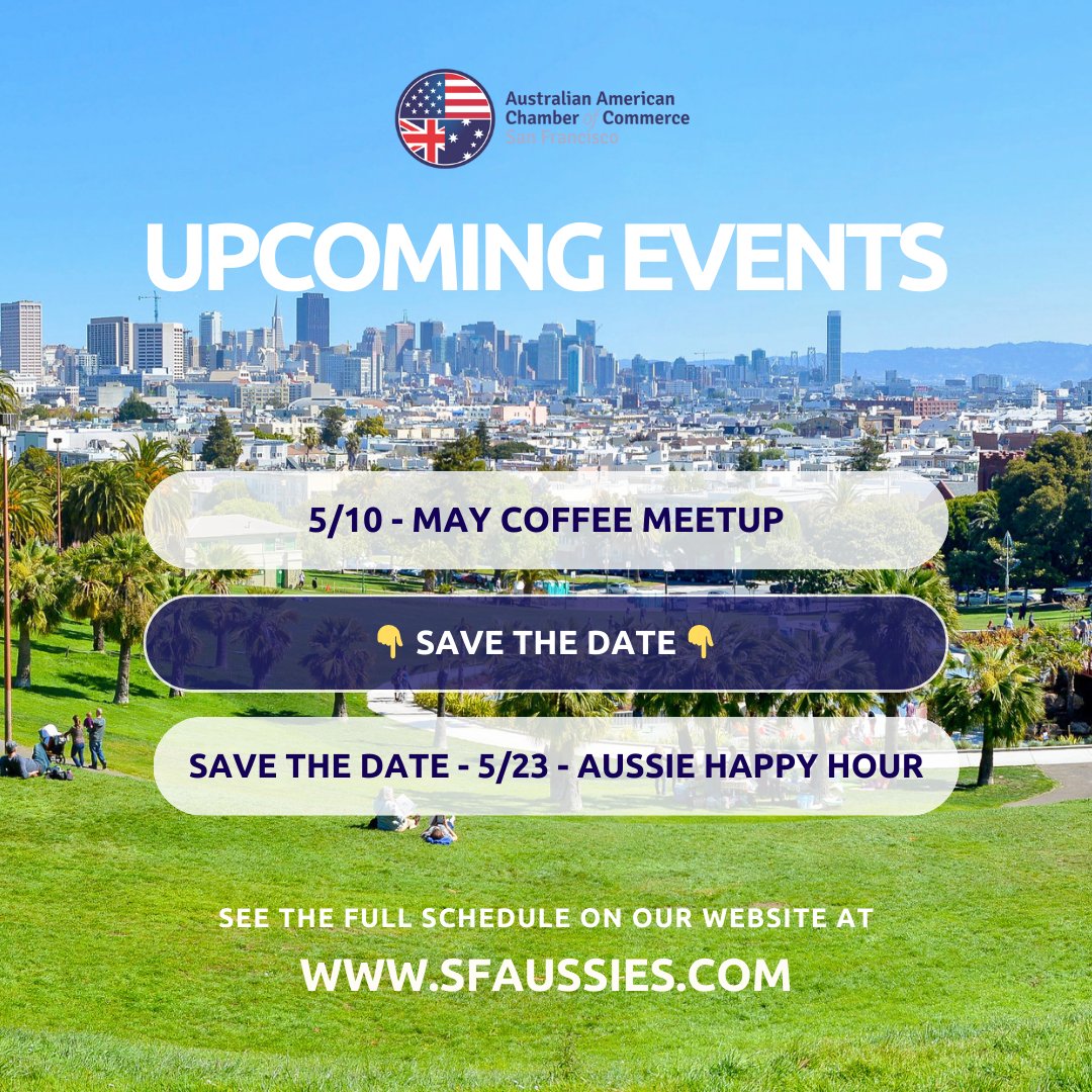 We have something for everyone this month...

Join us for coffee on May 10th at Bluestone Lane and save the date for drinks with us on May 23rd!

Keep an eye on our events calendar here: sfaussies.com/Events

#aussiemates #coffeemorning #drinks #happyhour #SanFranciscoEvents