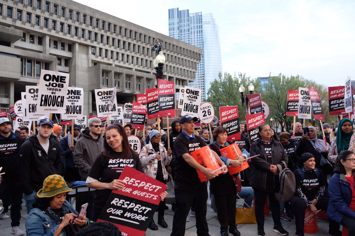 Today is May Day: @UNITEHERE hotel workers in Boston, Providence, & 20 other cities in the U.S. & Canada are rallying for fair contracts. Workers want higher wages, a better pension, safety in the workplace, & RESPECT.