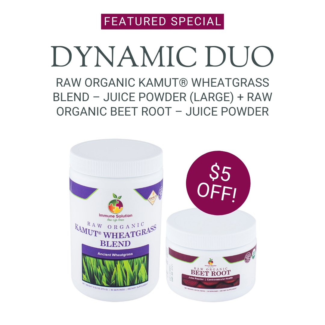 Level up your supplement lineup with the Dynamic Duo of Raw Kamut Wheatgrass and Organic Beet Root! With tons of health benefits and clean nutrients, you’ll gain energy, boost digestion, and improve gut health. Order now and receive $5 off!

immunesolution.com/product/raw-or…