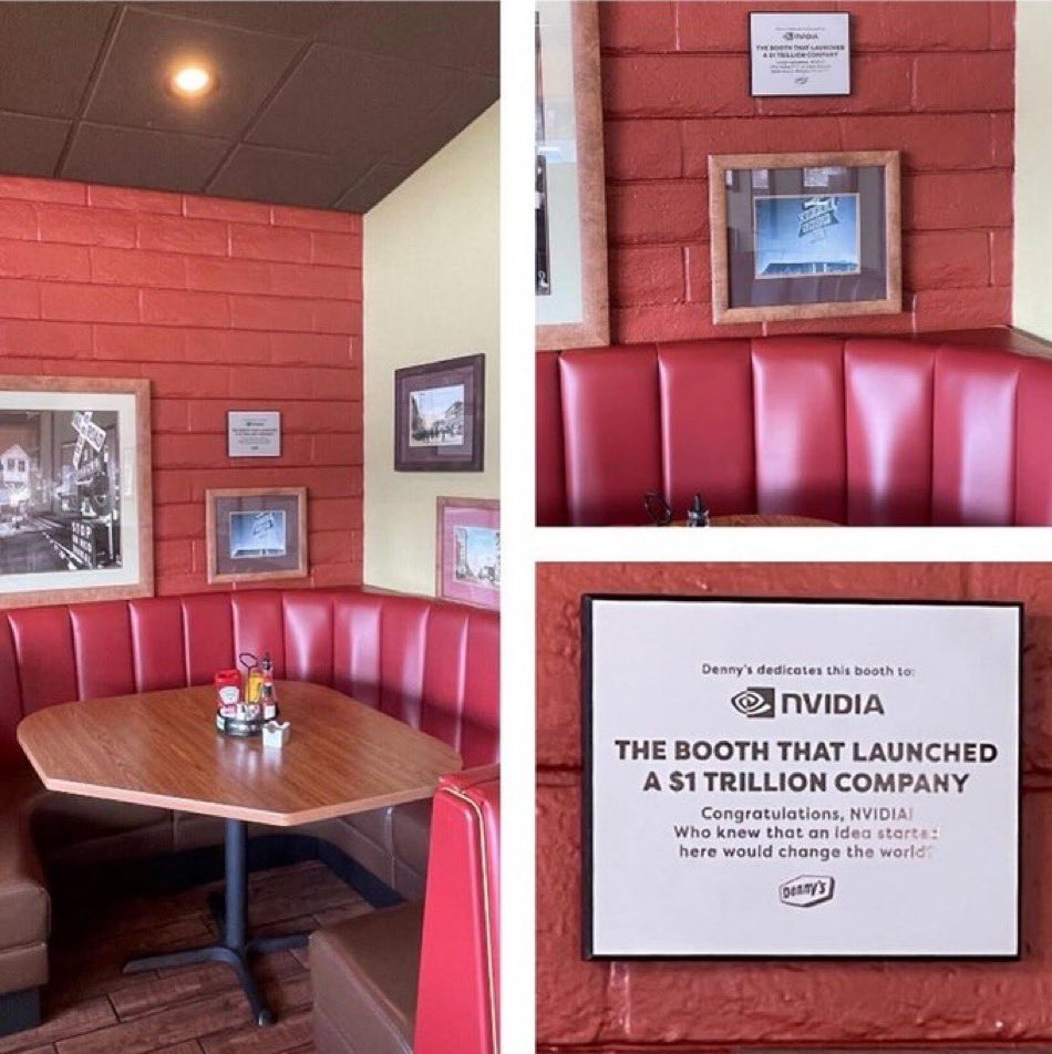Flashback to 1993 at a Denny's in San Jose, where NVIDIA's idea for the graphics chip first sparked. How cool would it have been to hang out here that day? #TechHistory #NVIDIA #Innovation