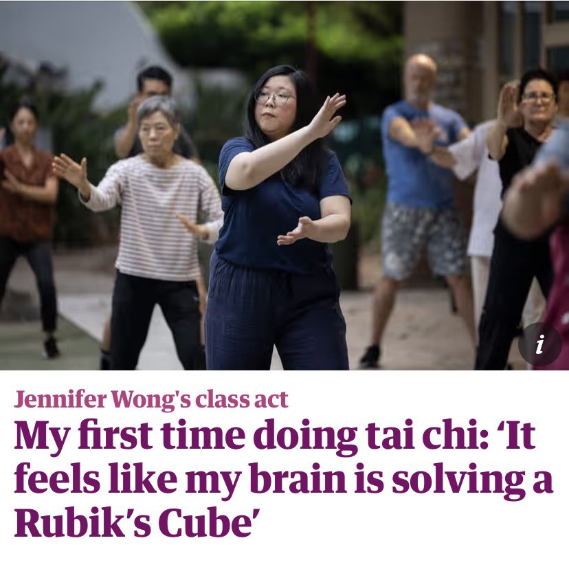 According to this photo, the first time I did tai chi I was simply…making up my own moves? Read the story on the @GuardianAus website *slowly and mindfully points to URL* theguardian.com/lifeandstyle/2… 📸: @jessicahromas