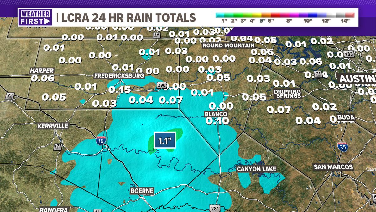 Not a lot of rain from our LCRA gauges so far, but a rainfall estimate in Kendall County, south of our viewing area, is recording roughly 1-2' of rain, which can be beneficial for our drought monitor. It won't show up until next week, but it could be a big deal. #ATXWx #TXWx