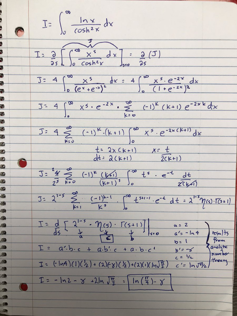My solution to the integral I posted two days ago. It assumes basic knowledge of analytic number theory. I recently posted links to Wikipedia pages that provide this knowledge. The symbol like a cursive N is the Dirichlet eta function. The lowercase gamma is the Euler constant.