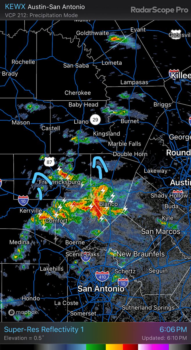6:12 pm update Storms with heavy rainfall and lightning are slowly pushing into the Hill Country. If these storms keep training over the same areas, could see rainfall totals increase quickly. #txwx