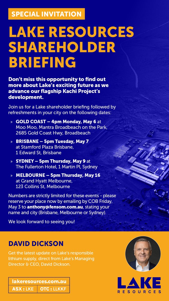 A reminder to $LKE shareholders in Australia to RSVP for our shareholder briefings - now with #GoldCoast event added on May 6, plus #Brisbane May 7, #Sydney May 9 & #Melbourne May 16 - we look forward to seeing you! #ASX #lithium #EV #ESG