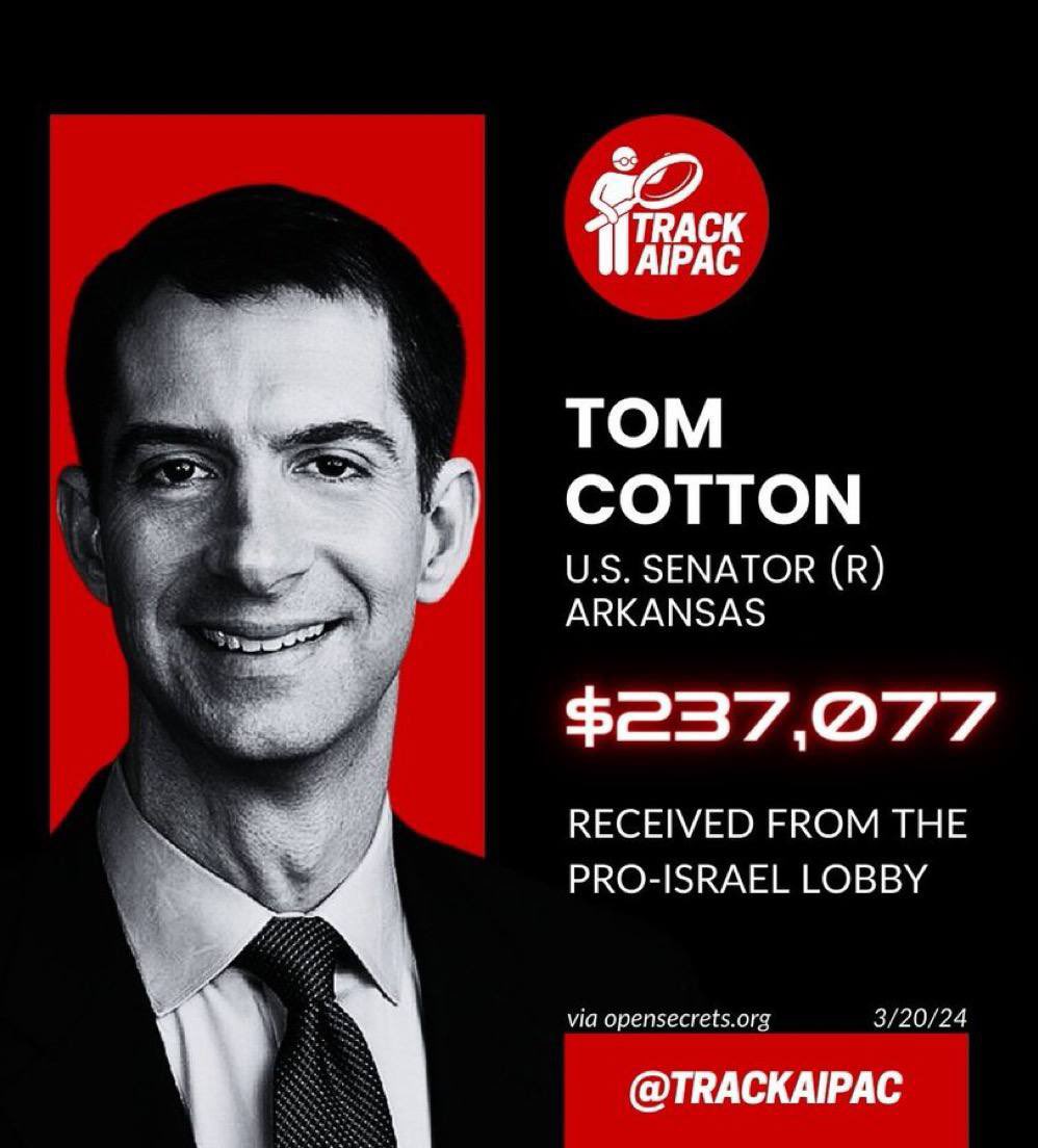 Tom Cotton, a US senator posts on X: “These Little Gazas are disgusting cesspools of antisemitic hate full of pro-Hamas sympathizers, fanatics, and freaks.” He receives more than $270,000 from AIPAC #IsraelisATerorristOrganization…