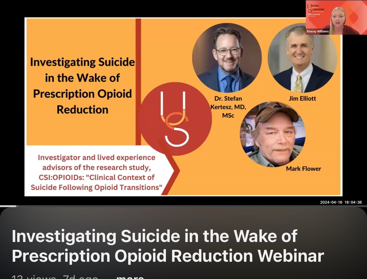 Our team examining loss of life by suicide after Rx opioid reduction had the honor of presenting to United Suicide Survivors International We were joined by Jim Elliott, who lost his brother Danny in 2022 and veteran Mark Flower If you know folks who’ve lost folks 💔, let them…