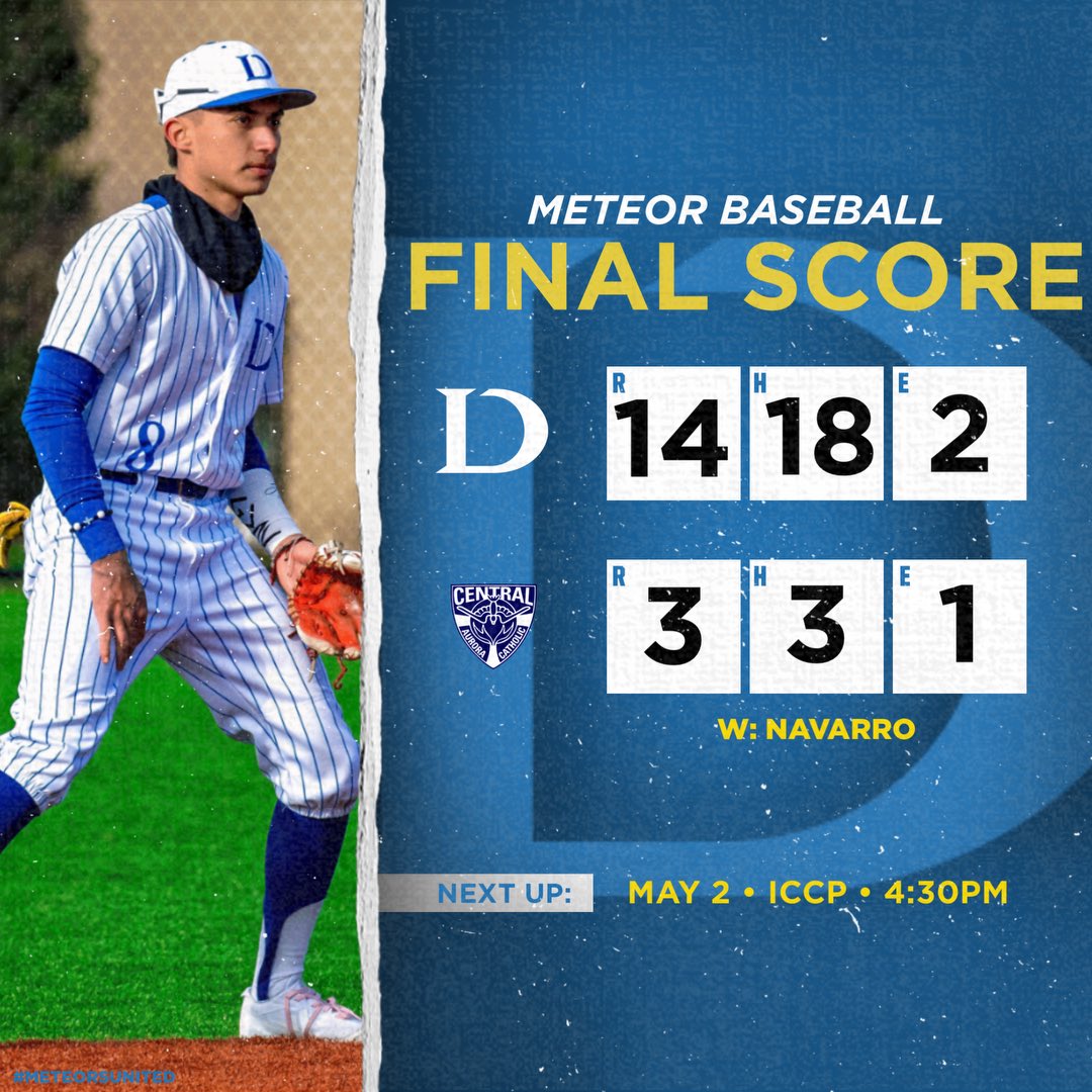 The Meteors defeat Aurora Central Catholic 14-3! 

Angel Castro was 4-4 with 2 HR’s and 7 RBI’s. Dasaan Lee had 3 hits and 3 RBI’s. Joey Barboza, Kenny Perez, Kaleb Navarro and Justin Bradley all had 2 hits. 

Beckett Hulten threw 3 innings only allowing 1 hit and 0 earned runs