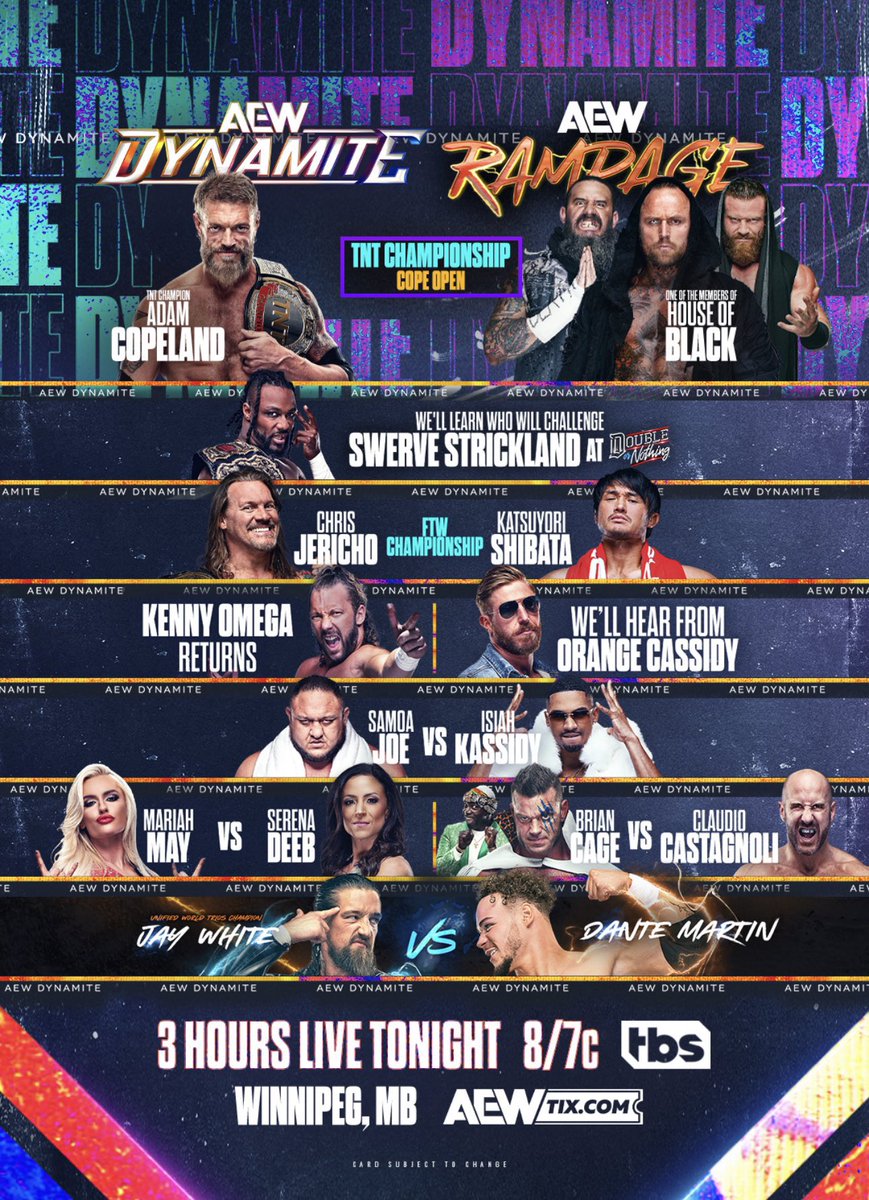 Here’s what’s on deck for THREE LIVE HOURS OF @AEW! We will see you LIVE at 8/7c in @TBSNetwork