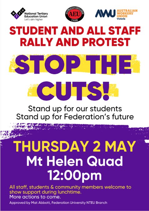 Fighting swingeing job cuts at @FedUniAustralia (19% of all jobs to go), staff are gathering at Mount Helen Campus today to round out the week of rallies across Victoria. Join us to support staff and stop the cuts! More details: nteu.au/News_Articles/… #HigherEd #Universities