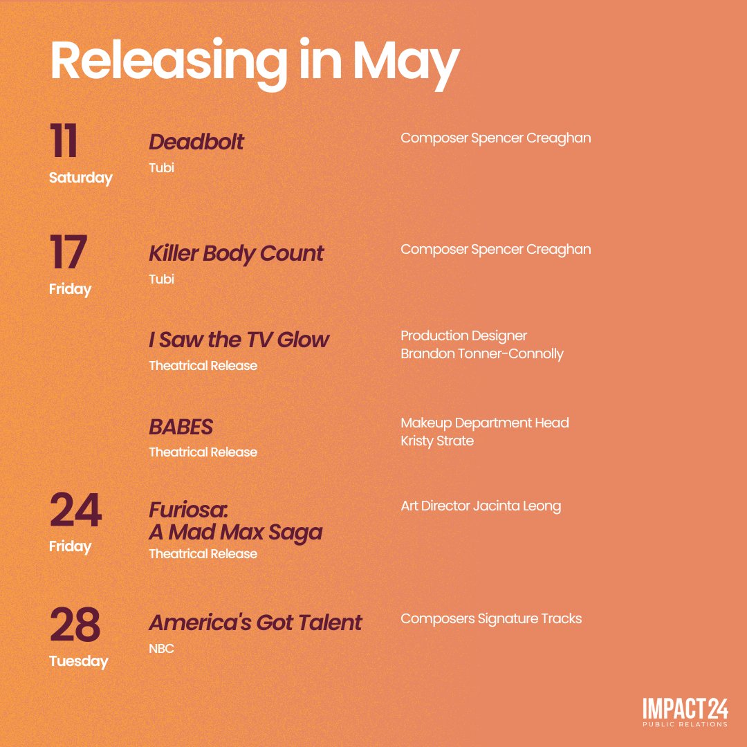 New releases coming this May! Mark your calendars for these exciting projects!

@thefallguymovie @shothechi @MadMaxMovie @AGT @isawthetvglow #BehindTheMusic #TheTattooistOfAuschwitz #PromDates #SlumberParty #WhoIsStanSmith #Deadbolt #KillerBodyCount #Babes #Furiosa