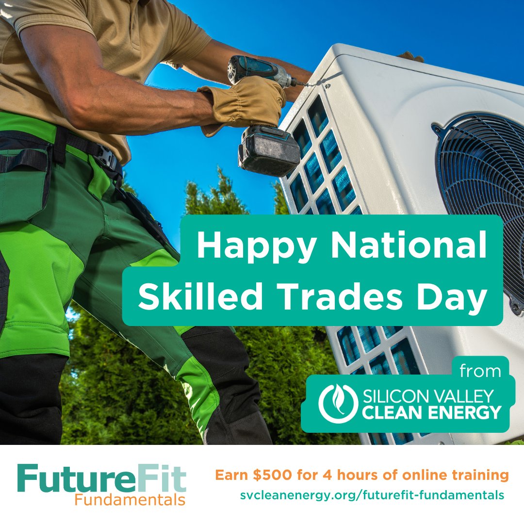 Happy National Skilled Trades Day! SVCE wants to thank our skilled contractors with an opportunity to earn $500 for 4 hours of online training. Learn how to install clean electric technologies and take your career to the next level! Learn more at svcleanenergy.org/futurefit-fund…