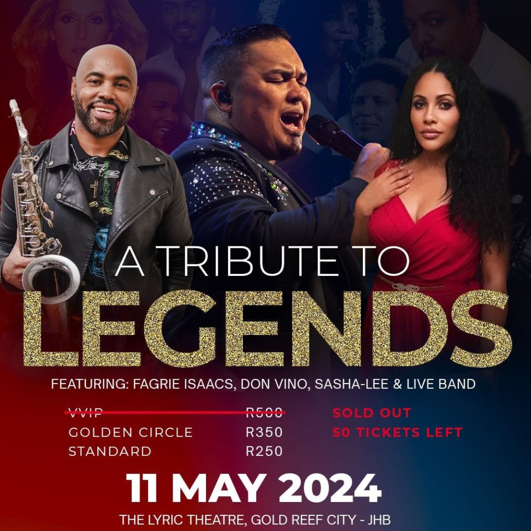 Join us at The Lyric in Gold Reef City for a Tribute To The Legends! Let’s celebrate the voices that made an unforgettable mark on music with Fargie Isaacs on stage! 🔗 bit.ly/44165lv 📍 The Lyric Theatre 📆 11 May 💰 From R140