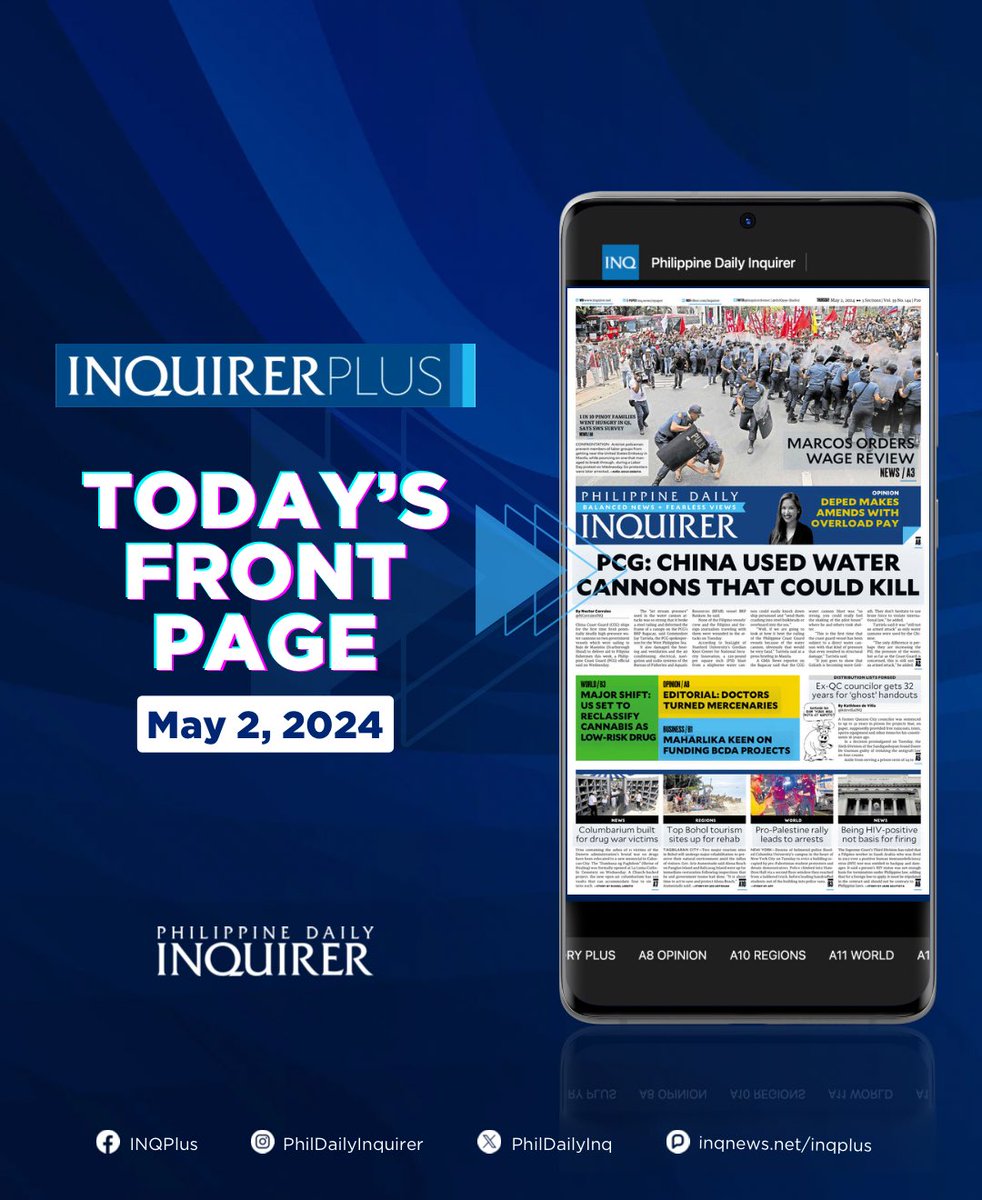 Good morning! Here is today's the Philippine Daily Inquirer front page (May 2, 2024).

Read the digital version: inq.news/inqplus

#PhilippineDailyInquirer #INQPlus