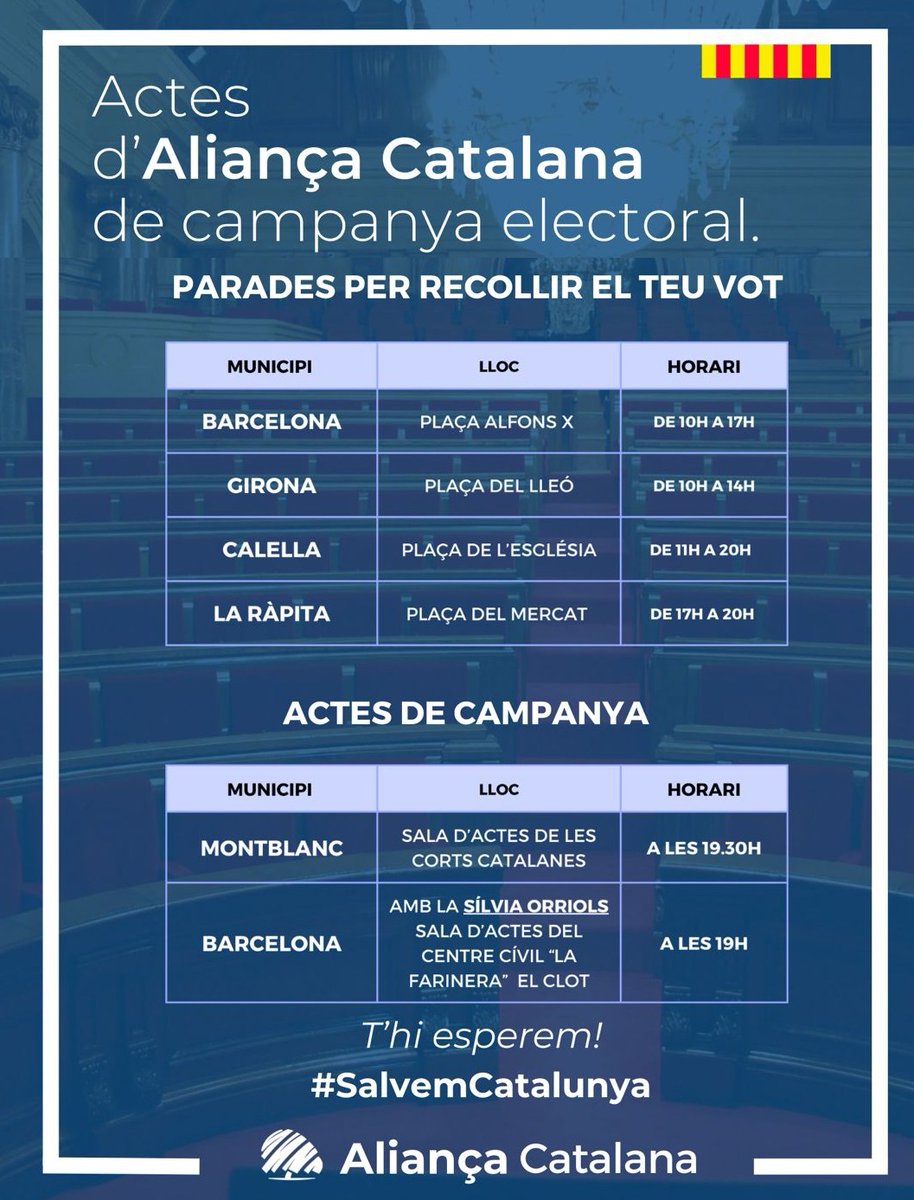 Agenda dels actes d'Aliança Catalana per avui dijous 2 de maig. Us hi esperem! 💙 #SalvemCatalunya