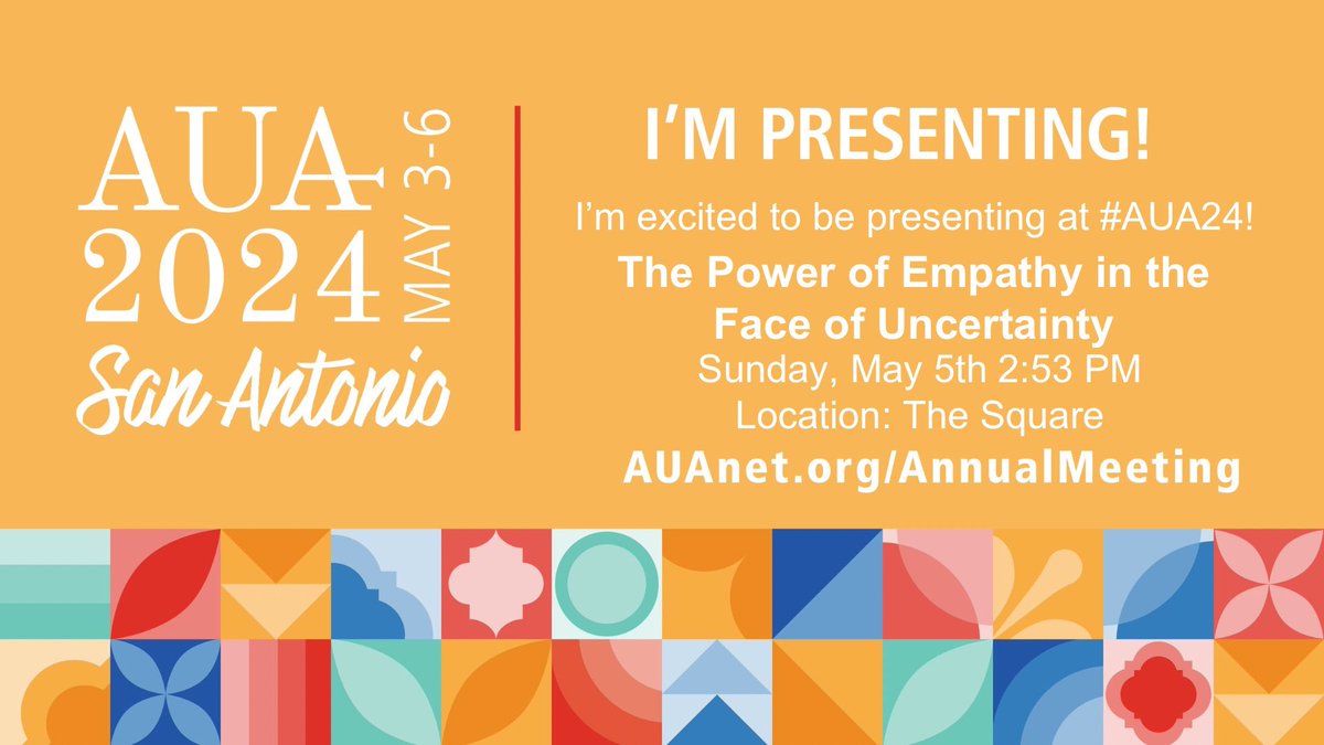 Excited to be presenting on The Power of Empathy in the Face of Uncertainty during the patient perspective sessions at #AUA24. Come join me on Sunday!
