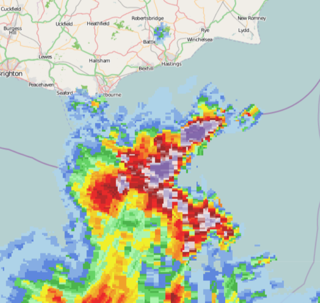 This storm approaching East Sussex has rainfall rates that are off the scale. Could potentially be some large hail in there!