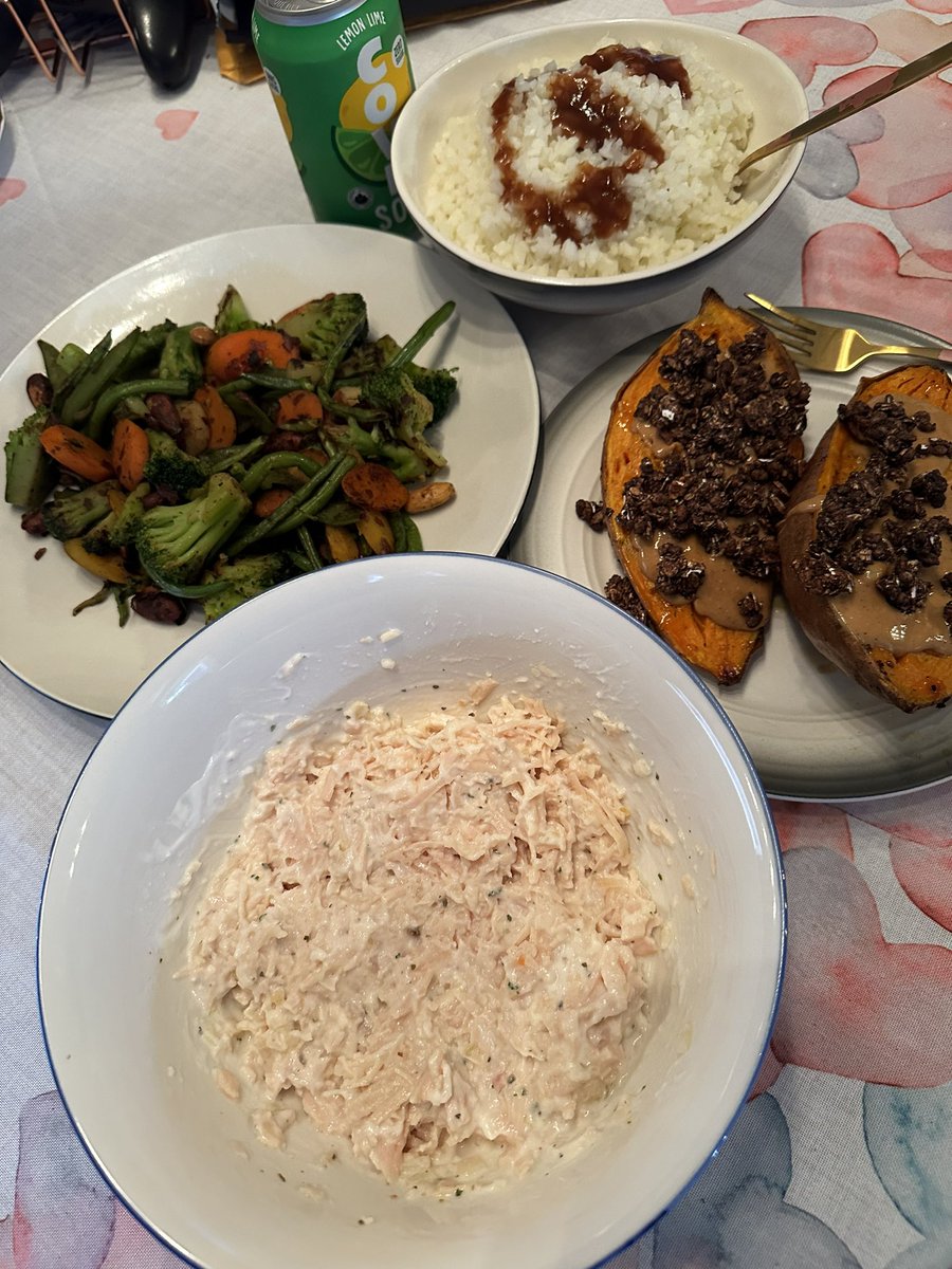 Cauliflower rice, stir fry, sweet potato, and chicken salad for supper😋