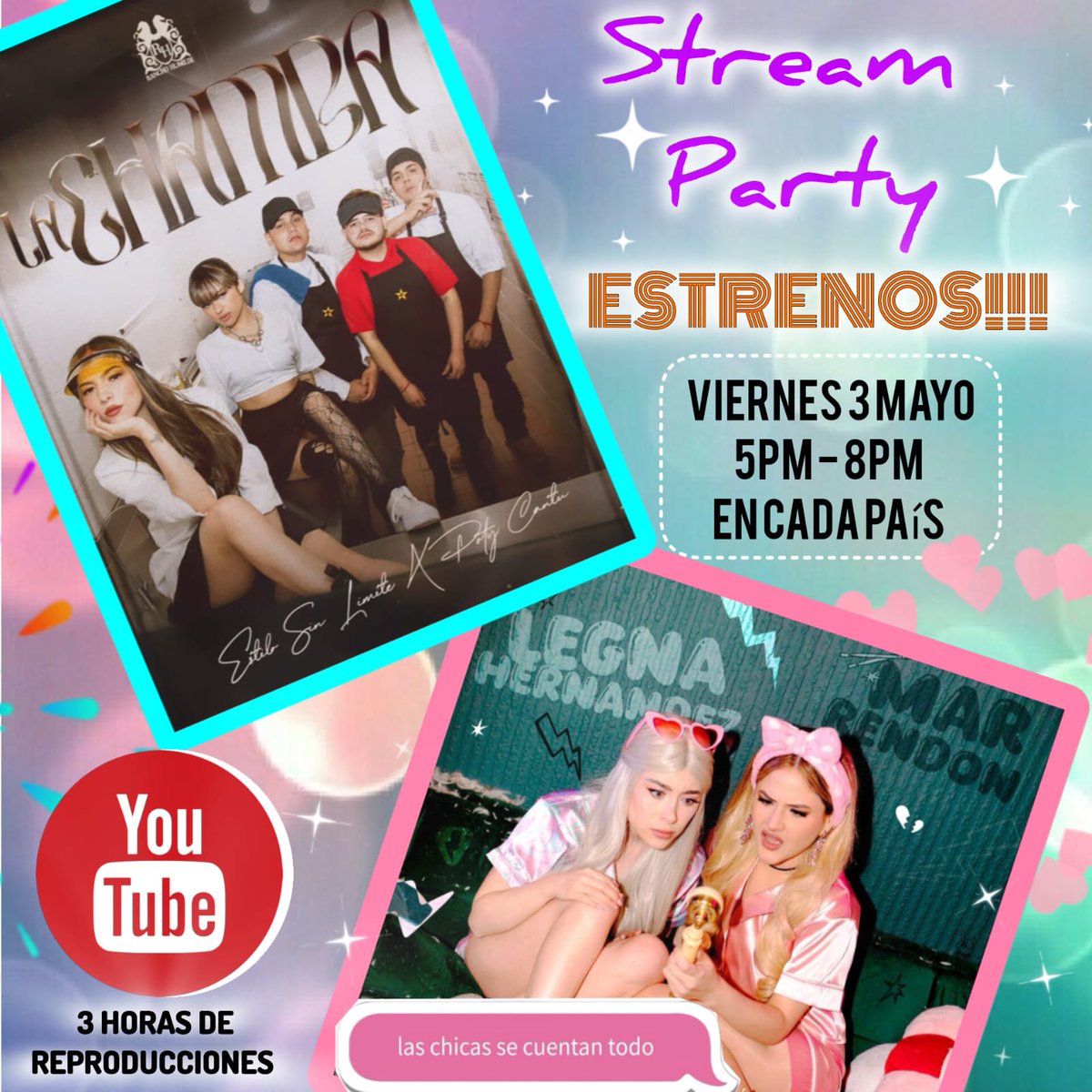 Chicos este 3 de mayo tendremos stream por YouTube con @MundoPatyCantu por el estreno #LaChamba de #EstiloSinLimite ft @PatyCantu y festejar la primer semana de #LasChicasSeCuentanTodo de @MarRendonMusica ft @legnaangel1 los invitamos a unirse junto a nuestros amigos cantues ❤️👽