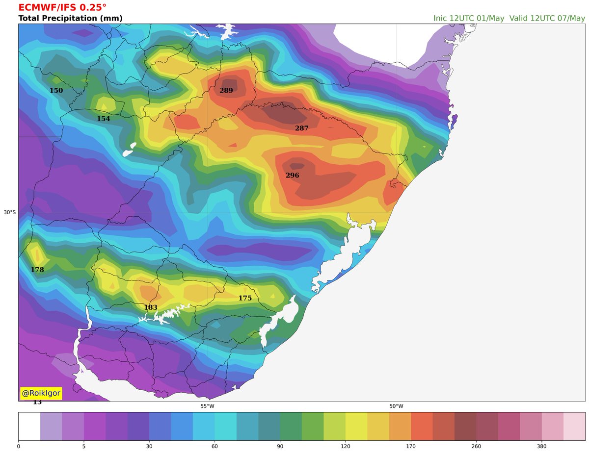 RoikIgor's tweet photo. Volume de chuva previsto nas próximas 48,  96, 144, e 240h, conforme projeção do modelo ECMWF das 12UTC no Rio Grande do Sul. https://t.co/XxNAcA5fJh