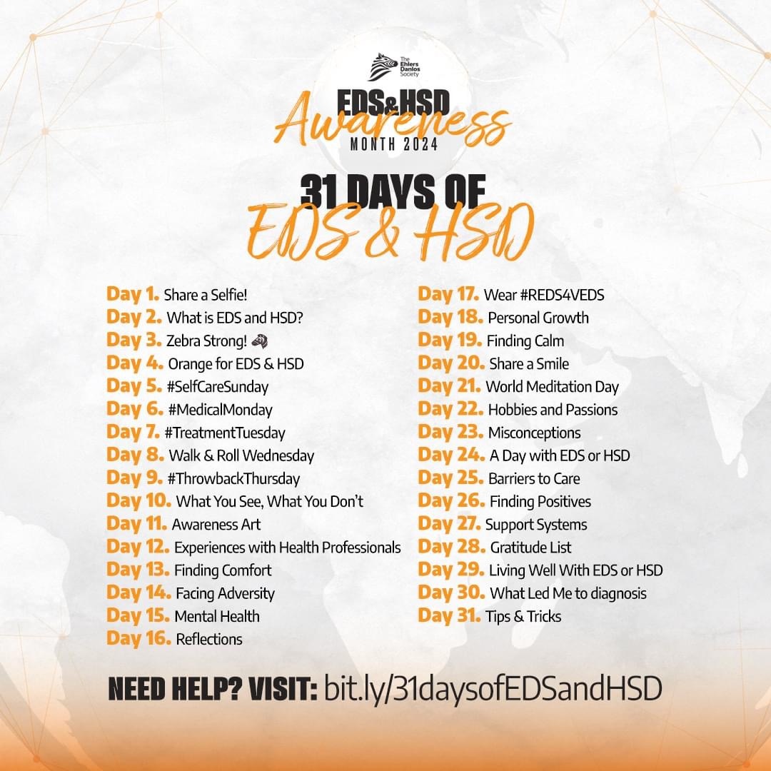 May is #EhlersDanlosSyndromeAwarenessMonth. I'm joining @ehlers.danlos in #RaisingAwareness about #EDS and its #impact. 🧡 🦓

#MyEDSChallenge #EhlersDanlosSyndrome  #EhlersDanlosSyndromeAwareness #EDSAwareness #EDSAwarenessMonth #Community #NotAlone #Support #Educate #Advocate