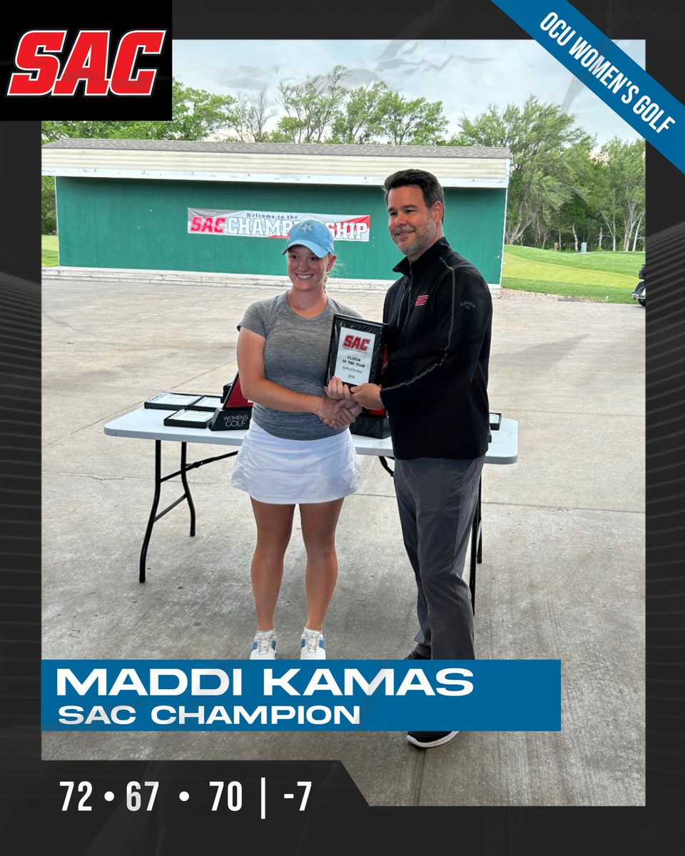 Congratulations to the OCU women's golf team on winning the SAC Championship yesterday! Maddi Kamas was also named the SAC Individual Champion for the third year in a row! Congratulations, Stars! 🌟 🔗: okcu.link/3URjGZP.