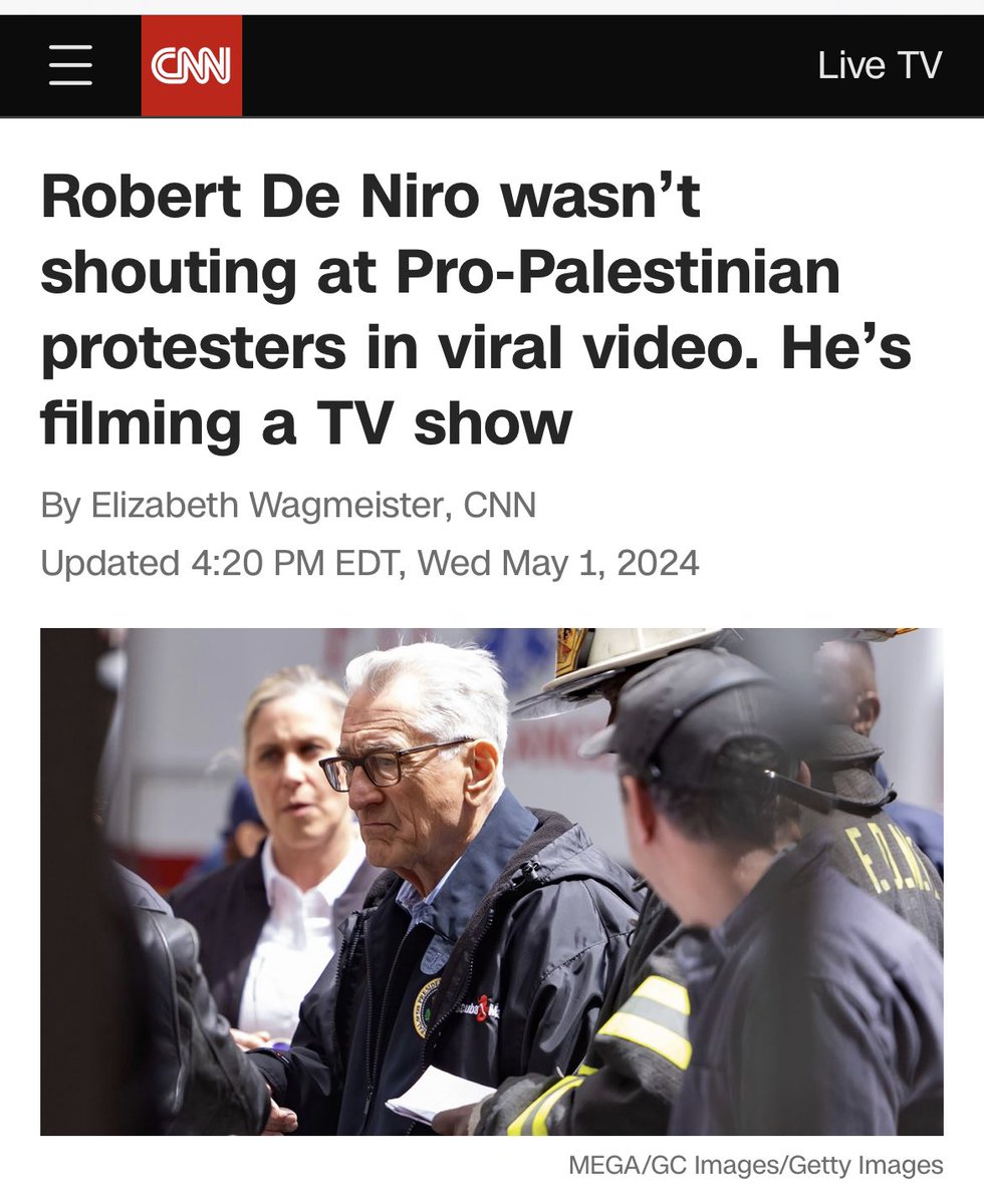A video of Robert De Niro has been circulating on social media with pro-Israel accounts heralding the actor for what they suggested was him condemning pro-Palestinian protestors. That's not what happened. De Niro was actually filming a TV show... De Niro’s publicist tells me:…